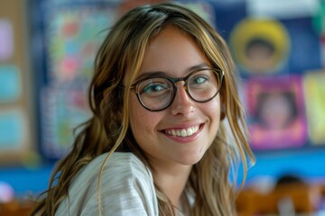 A happy teacher wearing glasses looking at the camera with a genuine smile in a well organized classroom