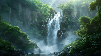 A majestic waterfall cascading down a rocky cliff, surrounded by lush greenery and misty spray.
