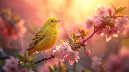   A small yellow bird on a tree branch with pink flowers against a bright yellow sky