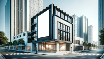 Urban building with a large blank advertising billboard, modern cityscape background, concept of marketing and branding. Generative AI
