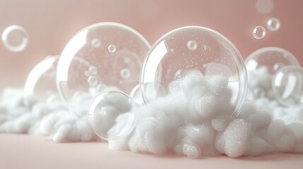   A cluster of floating bubbles atop a rose-colored water surface, with effervescent bubbles emerging from their peaks