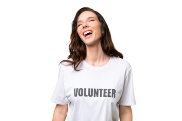 Young volunteer caucasian woman over isolated background laughing