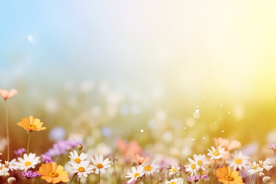 colorful summer flowers with a blurry bokeh background and space for text, summer flower meadow, soft colors