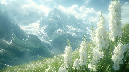   A field of white flowers in front of a snow-capped mountain range with snow-capped peaks in the...