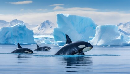 Groups of Orcas or killer whales swim and hunt for prey, the top of the food chain in a sea of ​​ice floes