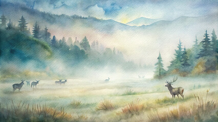 A tranquil watercolor landscape of a misty meadow, where a herd of elk roams freely amidst the ethereal mist.