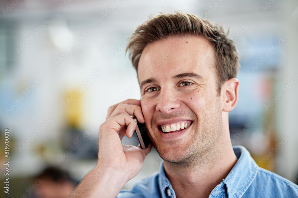 Poster Man, employee and happy in office with phone call for communication or networking as website designer. Business, smile and confident with conversation for project in digital agency and proud