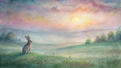 Soft watercolor strokes evoke the peaceful ambiance of a meadow at dawn, with a lone hare silhouetted against the rising sun.