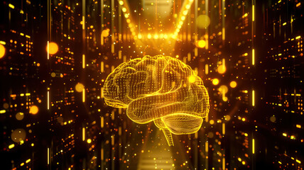 AI Digital Brain with Glowing Lights. A digital representation of a brain illuminated with golden lights, symbolizing artificial intelligence and advanced technology.