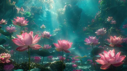   A cluster of pink water lilies bobbing atop a tranquil lake surrounded by verdant foliage