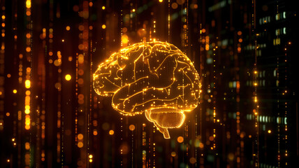 AI Digital Brain with Glowing Lights. A digital representation of a brain illuminated with golden lights, symbolizing artificial intelligence and advanced technology.