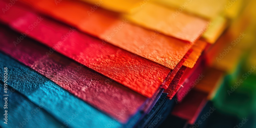 Poster macro photograph of a stack of color swatches, with shallow depth of field highlighting the rich and