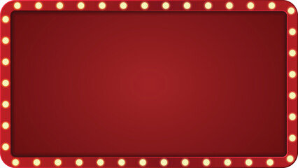 Retro light box frame border with 16:9 aspect ratio, red shining marquee banner for web, presentation, thumbnail, vector isolated, cut out.