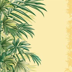 Palm tree with tropical leaves on a yellow background with a place for text. The concept of recreation, tourism and sea travel.