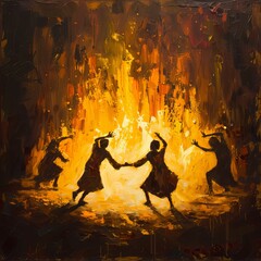 dancing around a fire in the forest