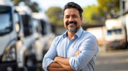 Portrait of a confident Hispanic salesman with arms crossed, exuding professionalism and expertise in truck sales.