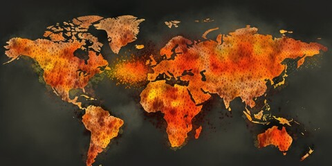 Fiery world map with glowing edges and smoky background, symbolizing danger and crisis. Global warming and environmental destruction concept. Design for awareness campaigns or climate change. AIG35.