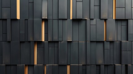 Detailed view of a black building featuring wooden slats on the exterior