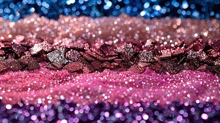  A close-up of a sequinized fabric in shades of pink and purple, adorned with a black bow