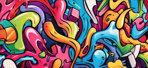 Hand drawn cartoon abstract artistic graffiti background illustration bursting with vibrant colors and creative street art elements
