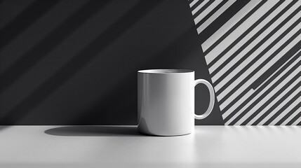 A modern mug placed on a smooth, monochrome surface with a geometric pattern backdrop, showcasing minimal style and clean lines