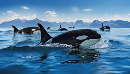 Fototapeta premium Groups of Orcas or killer whales swim and hunt for prey, the top of the food chain in a sea of ​​ice floes