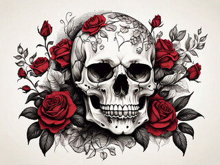 Skull with roses and hand drawn petals