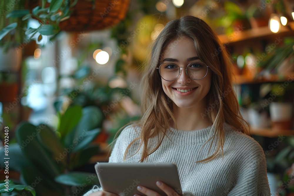 Sticker white woman using an ipad