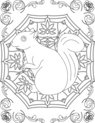 Squirrel on Mandala Coloring Page. Printable Coloring Worksheet for Adults and Kids. Educational Resources for School and Preschool. Mandala Coloring for Adults