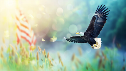 Majestic Bald Eagle Soaring Over Lush Green Field