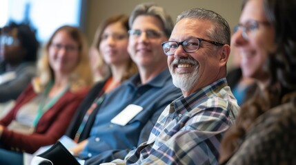Smiling faces of men and women gathered together to learn and grow at a professional seminar. 