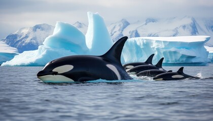 Fototapeta premium Groups of Orcas or killer whales swim and hunt for prey, the top of the food chain in a sea of ​​ice floes