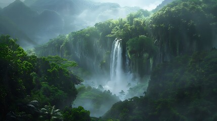 A powerful waterfall thundering down into a misty gorge, surrounded by dense vegetation.