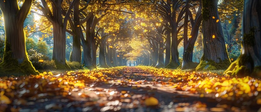 A beautiful scenic path covered in autumn leaves, surrounded by a canopy of trees with golden hues in a tranquil park setting.