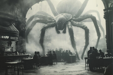 vintage horror black and white photo of an enormous spider standing in the middle of town hall, people sitting unimpressed at tables, photorealistic // ai-generated 