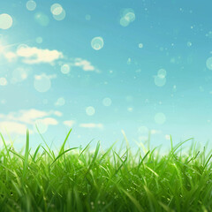 Obraz premium Green Grass Field and Blue Sky