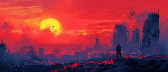 A solitary figure walks through a vibrant post-apocalyptic landscape with ruins silhouetted against a dramatic sunset sky.