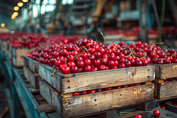 The harvested cherries are neatly packed in wooden boxes on the sorting line, ready for distribution at a bustling orchard during the peak of the harvest season