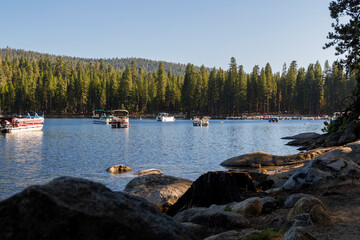 panoramic view over the pinecrest lake with lot of sailing and motor boats on it. At the Stanislaus...