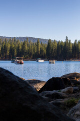 panoramic view over the pinecrest lake with lot of sailing and motor boats on it. At the Stanislaus...