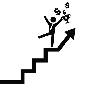 recommend clip art: Businessman Climbing Arrow Graph, Reaching the Top, Winning Trophy and Earning Lots of Dollars Silhouette Icon Symbol