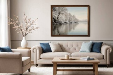 a large framed picture of the winter lake in an elegant living room with sofa and coffee table, a painting hanging on wall