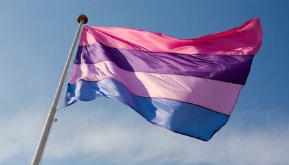 bisexual flag fluttering against blue sky, lgbt pride month