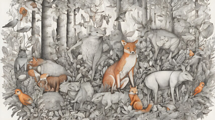 An intricate drawing that captures the essence of a whimsically interwoven ecosystem, where forest animals in simple, patterned compositions bring a sense of joyful wonder to the natural wor