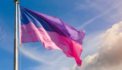 bisexual flag fluttering against blue sky, lgbt pride month