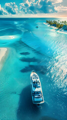 Exclusive and Secluded Yachting Destination: Pristine Beach with Luxury Yacht Moored Offshore