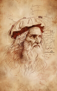 Artistic representation of leonardo da vinci, encapsulating his genius with sketches of his inventions and iconic self-portraiture style background