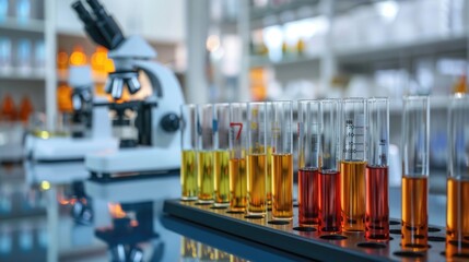 Modern laboratory setting with a colorful row of foreground test tubes and background microscopes, symbolizing scientific research
