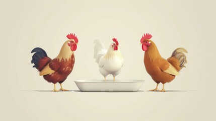 Fototapeta premium Colorful and stylized illustration of three roosters, each in different hues, gathered around a shallow feeding bowl.