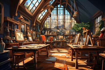 Workshop background flat design side view luxurious craft room theme animation Tetradic color scheme